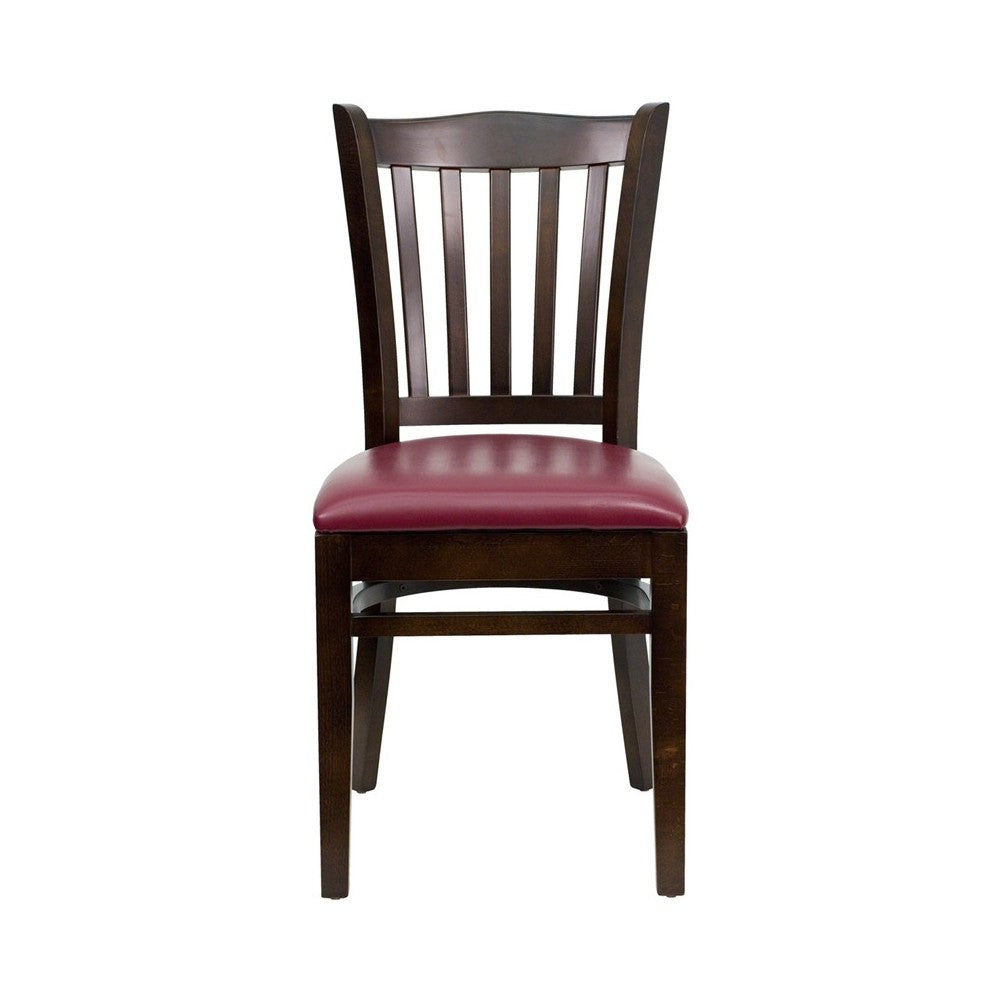 Vertical Slat Back Walnut Wood Restaurant Chair - Burgundy Vinyl Seat