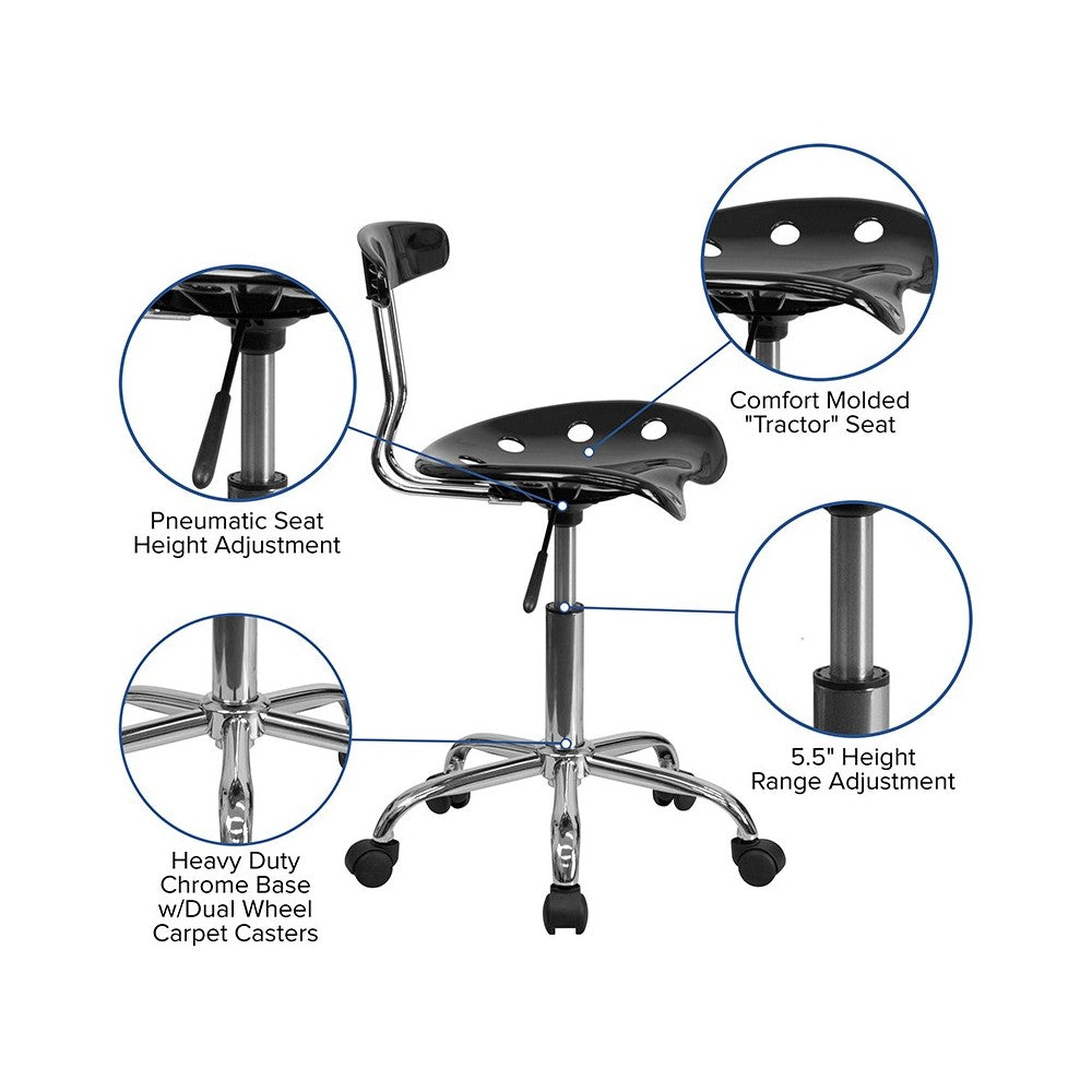 Vibrant Black and Chrome Swivel Task Office Chair with Tractor Seat