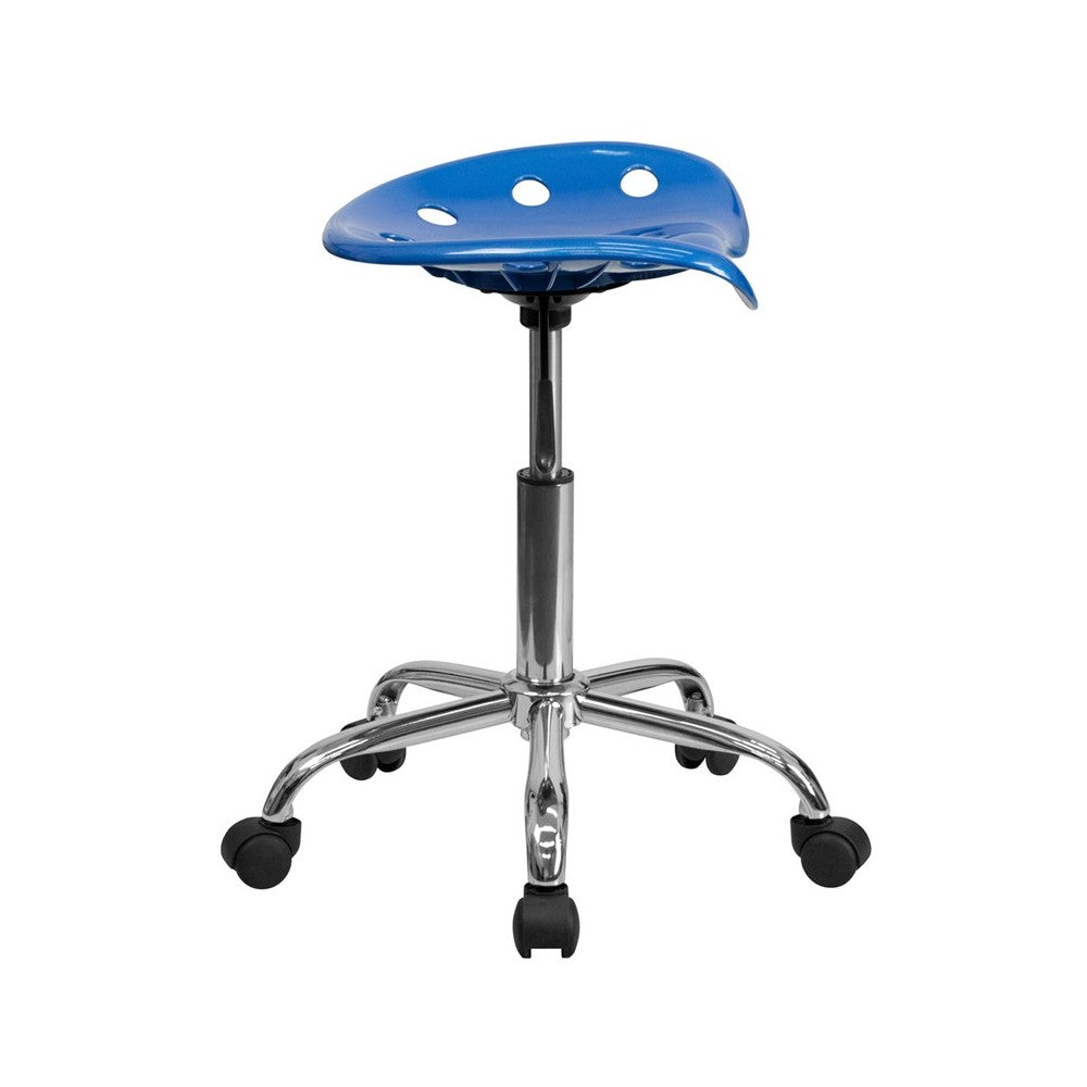 Vibrant Bright Blue Tractor Seat and Chrome Stool