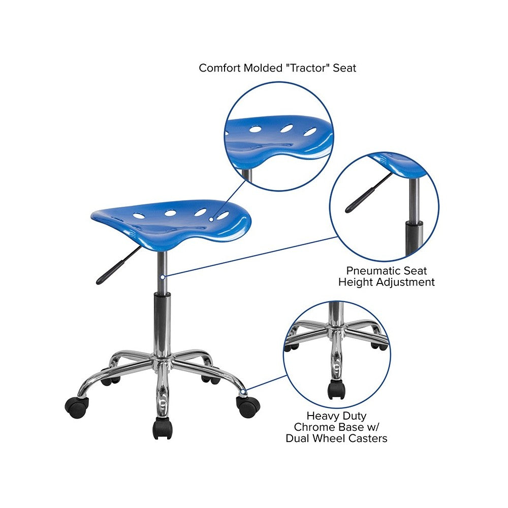 Vibrant Bright Blue Tractor Seat and Chrome Stool