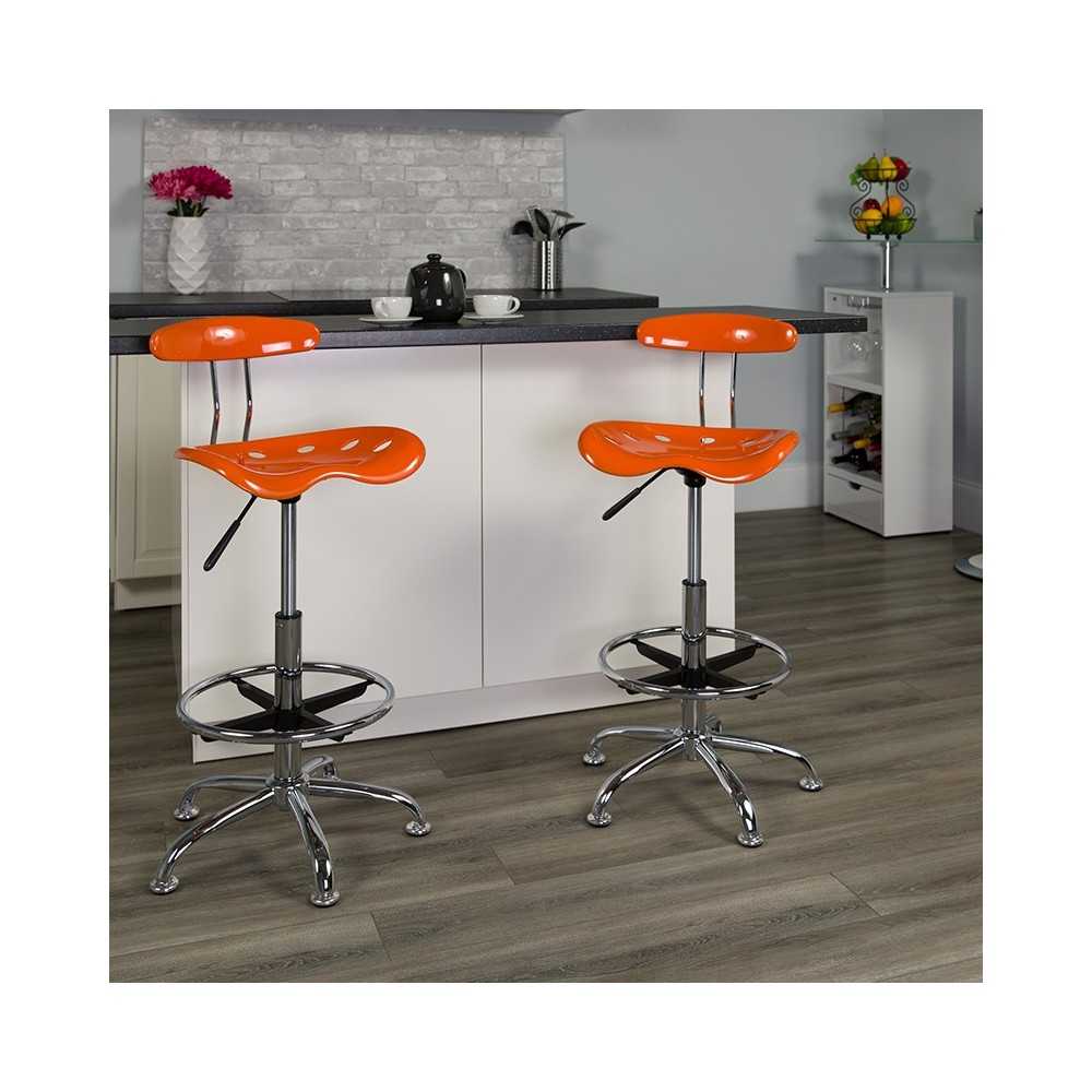 Vibrant Orange and Chrome Drafting Stool with Tractor Seat