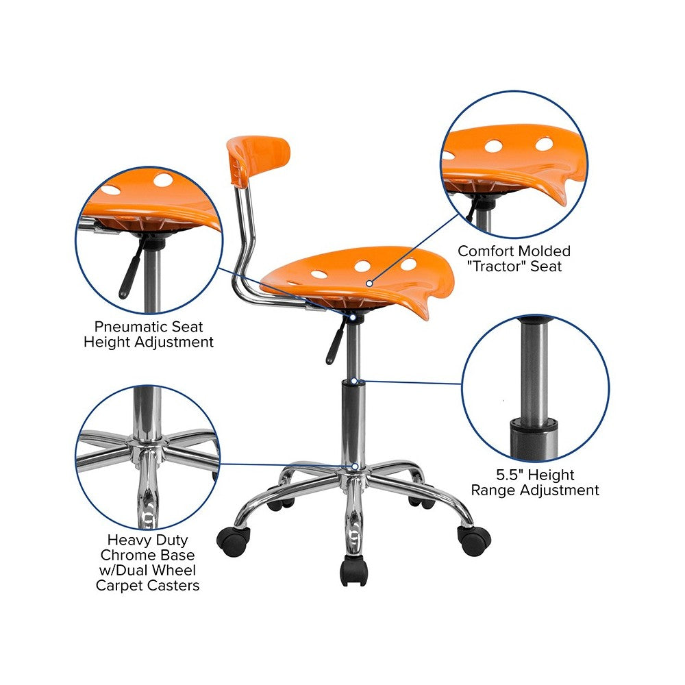 Vibrant Orange and Chrome Swivel Task Office Chair with Tractor Seat