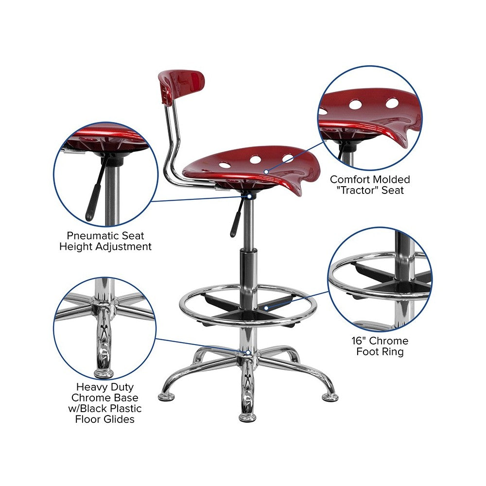 Vibrant Wine Red and Chrome Drafting Stool with Tractor Seat