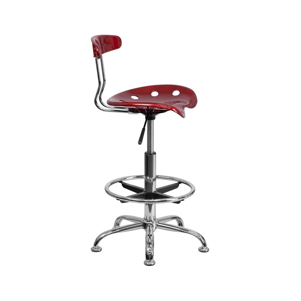 Vibrant Wine Red and Chrome Drafting Stool with Tractor Seat