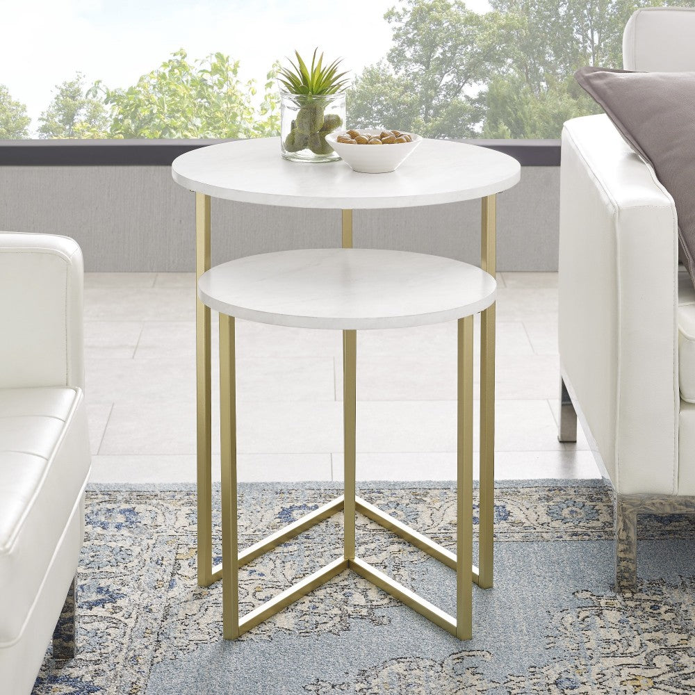 Victoria 2-Piece V Leg Nesting Side Tables - Faux White Marble/Gold