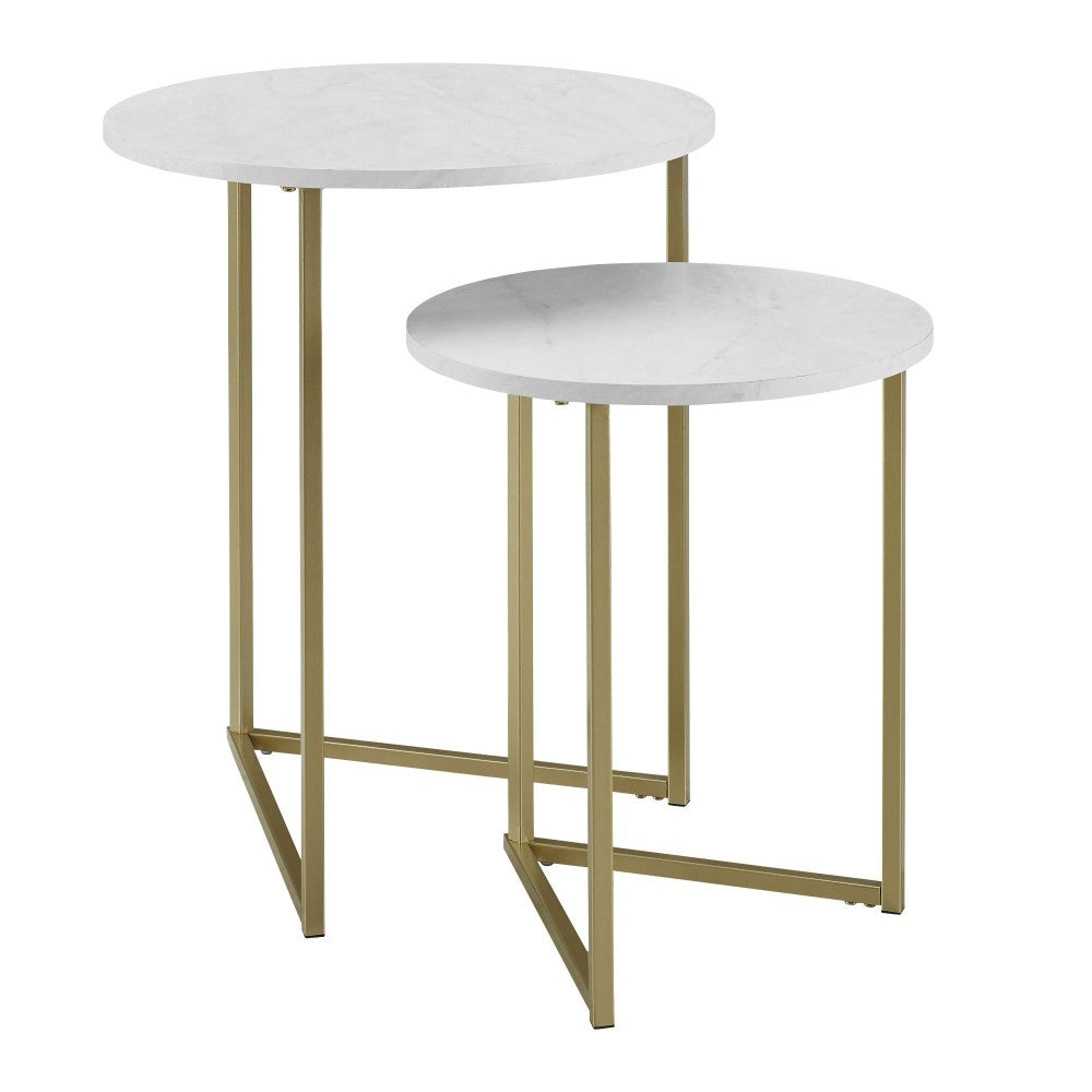 Victoria 2-Piece V Leg Nesting Side Tables - Faux White Marble/Gold