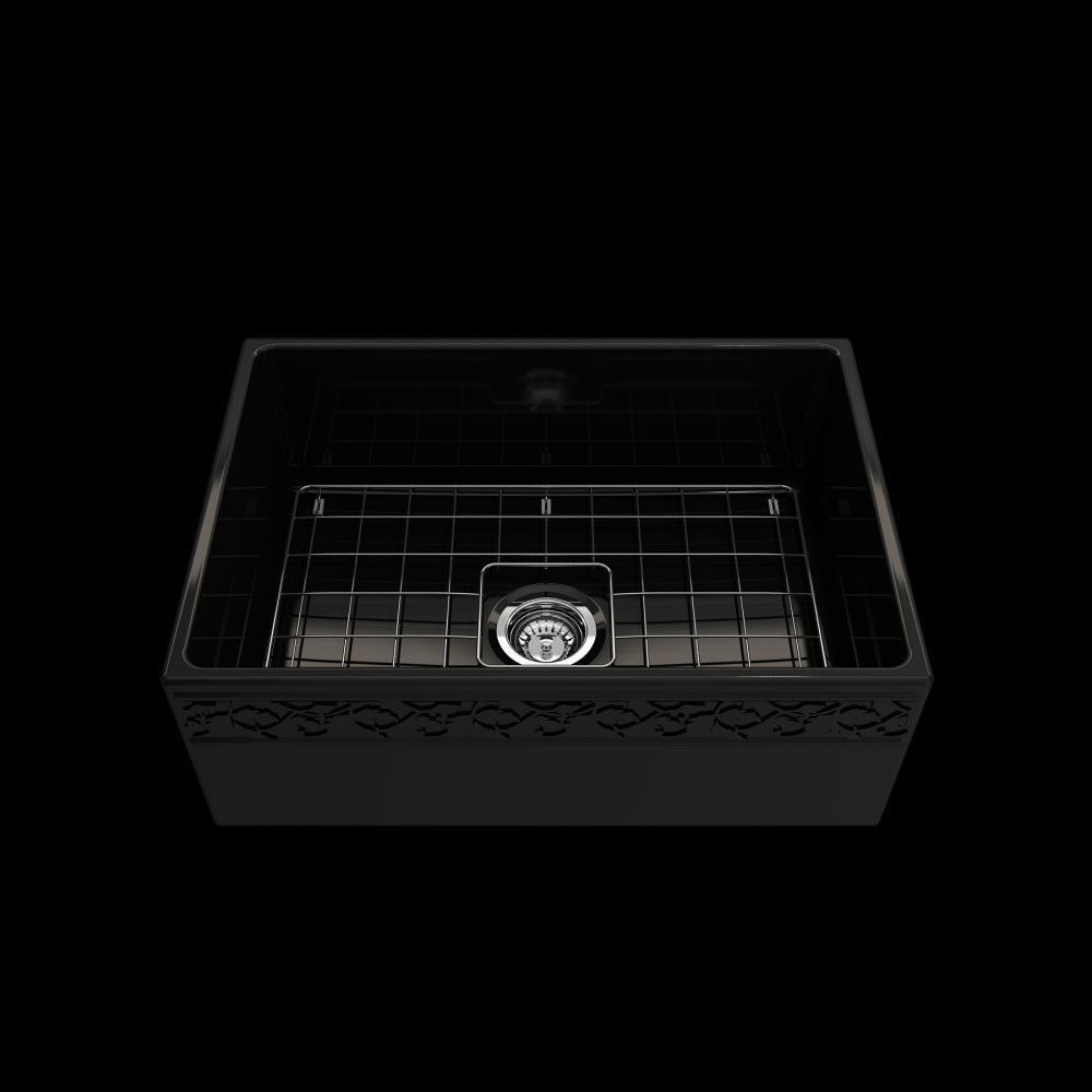 Vigneto Apron Front Fireclay 27 in. Single Bowl Kitchen Sink with Protective Bottom Grid and Strainer in Black