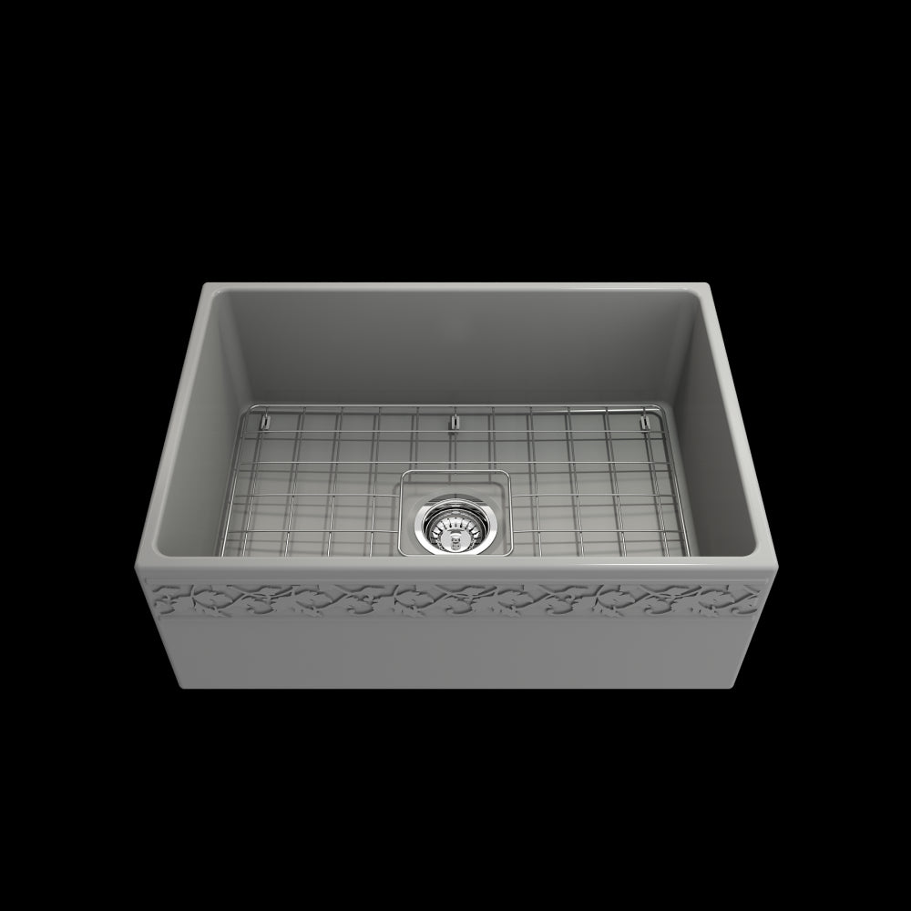 Vigneto Apron Front Fireclay 27 in. Single Bowl Kitchen Sink with Protective Bottom Grid and Strainer in Matte Gray