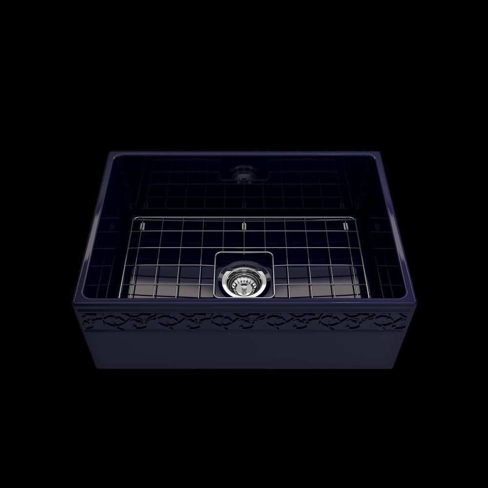 Vigneto Apron Front Fireclay 27 in. Single Bowl Kitchen Sink with Protective Bottom Grid and Strainer in Sapphire Blue