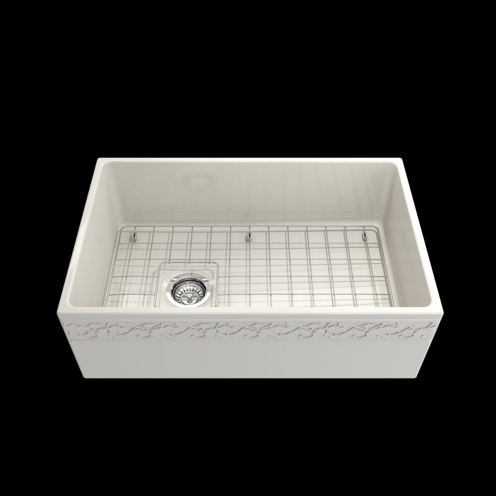 Vigneto Apron Front Fireclay 30 in. Single Bowl Kitchen Sink with Protective Bottom Grid and Strainer in Biscuit