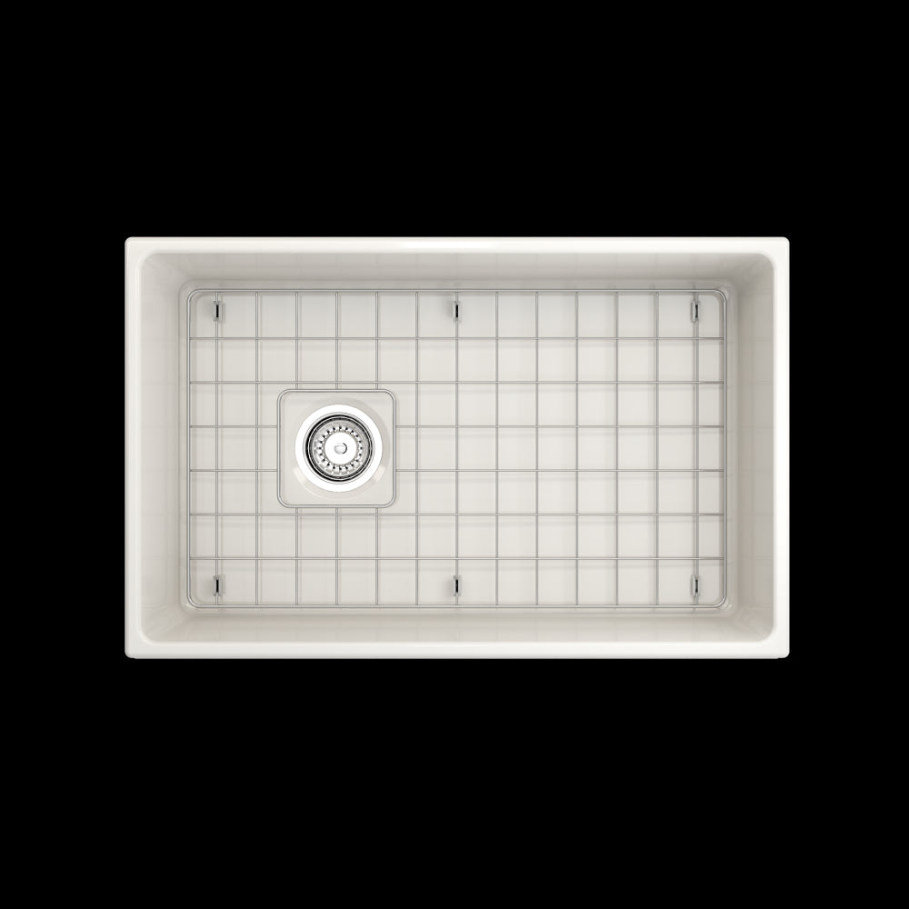 Vigneto Apron Front Fireclay 30 in. Single Bowl Kitchen Sink with Protective Bottom Grid and Strainer in Biscuit