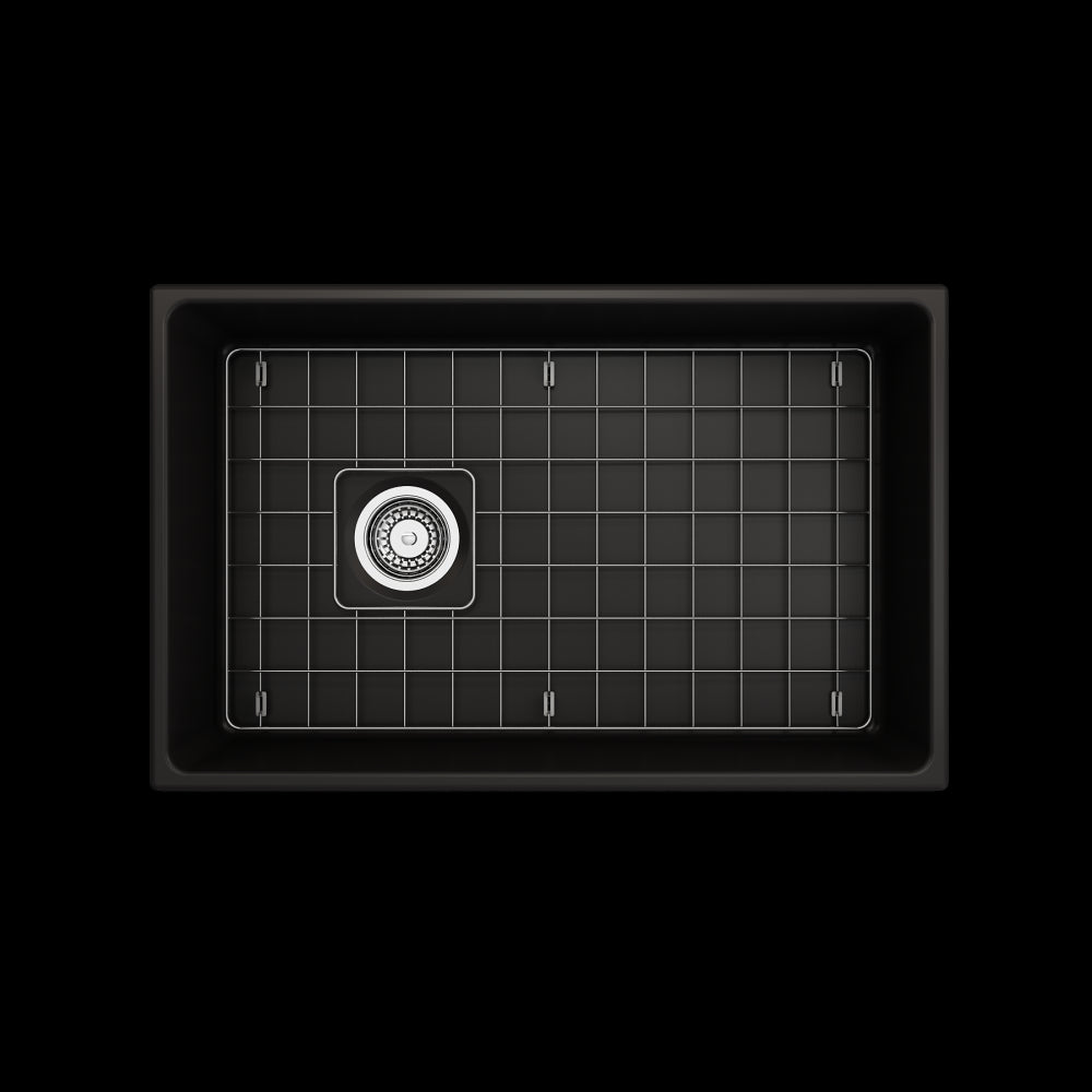 Vigneto Apron Front Fireclay 30 in. Single Bowl Kitchen Sink with Protective Bottom Grid and Strainer in Matte Black