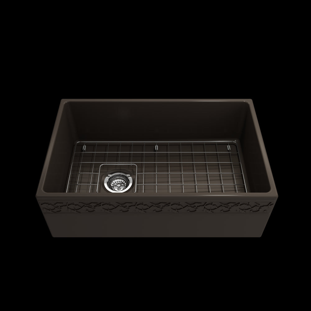 Vigneto Apron Front Fireclay 30 in. Single Bowl Kitchen Sink with Protective Bottom Grid and Strainer in Matte Brown