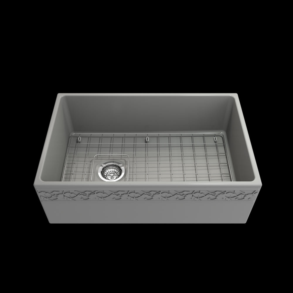Vigneto Apron Front Fireclay 30 in. Single Bowl Kitchen Sink with Protective Bottom Grid and Strainer in Matte Gray