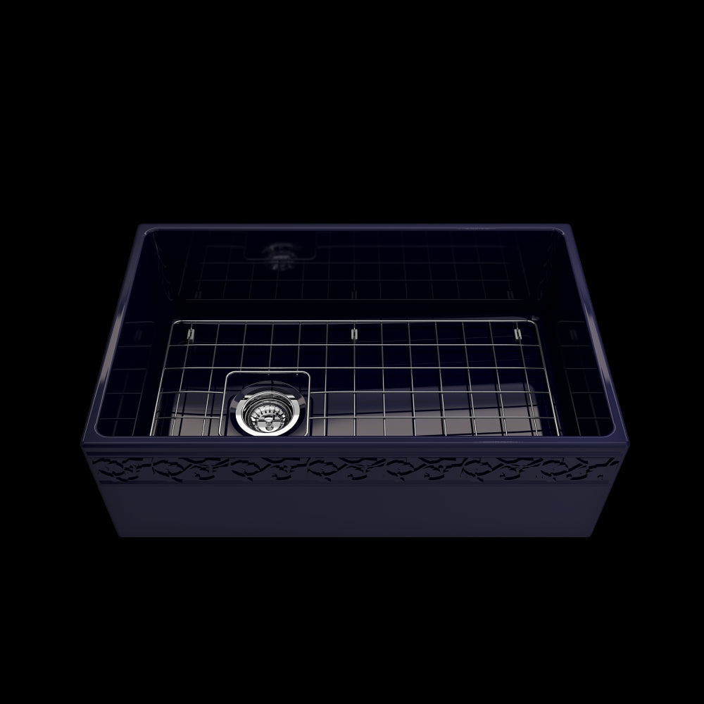 Vigneto Apron Front Fireclay 30 in. Single Bowl Kitchen Sink with Protective Bottom Grid and Strainer in Sapphire Blue