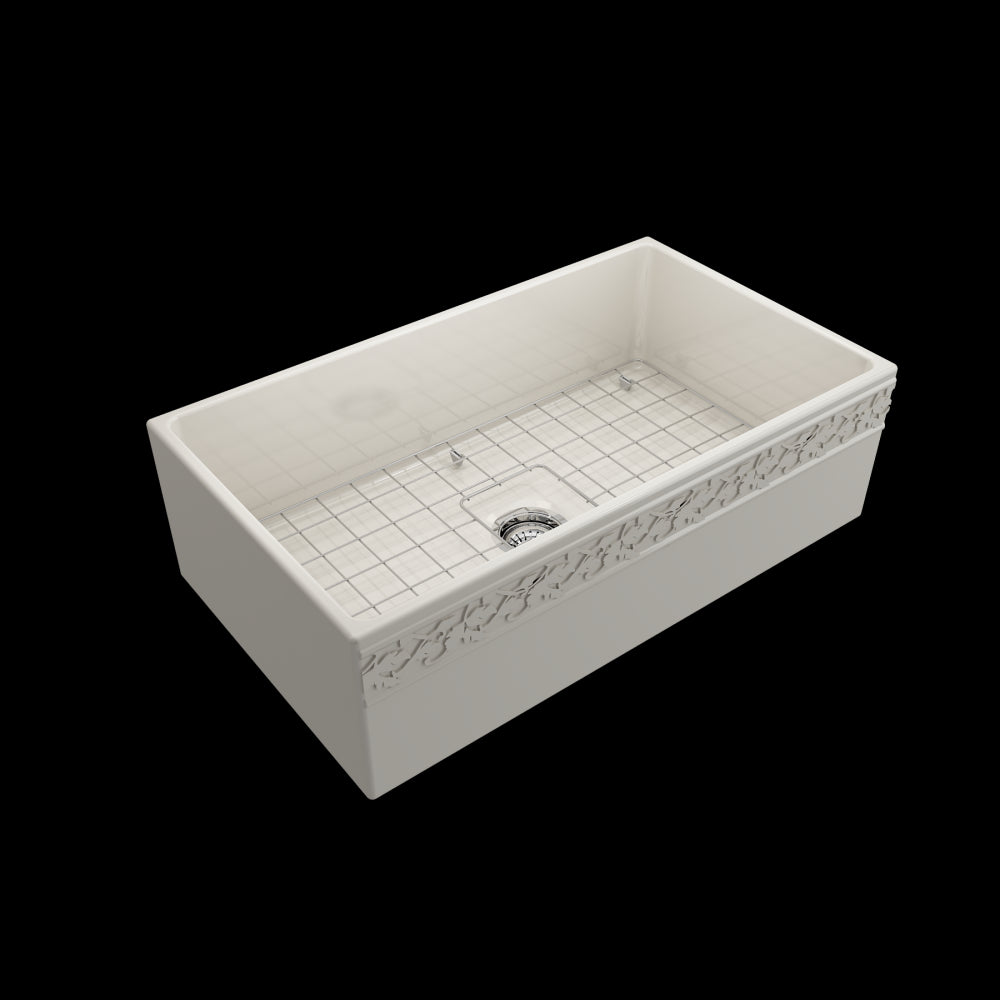 Vigneto Apron Front Fireclay 33 in. Single Bowl Kitchen Sink with Protective Bottom Grid and Strainer in Biscuit