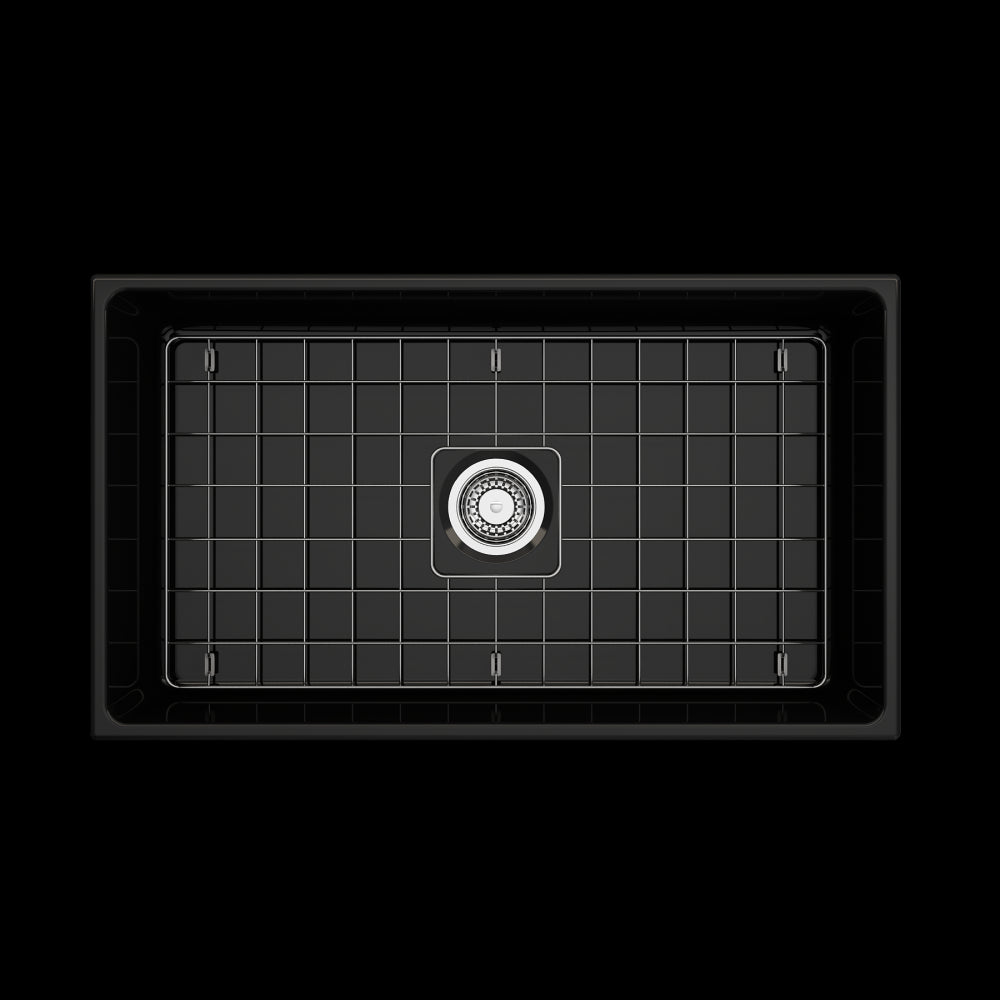 Vigneto Apron Front Fireclay 33 in. Single Bowl Kitchen Sink with Protective Bottom Grid and Strainer in Black
