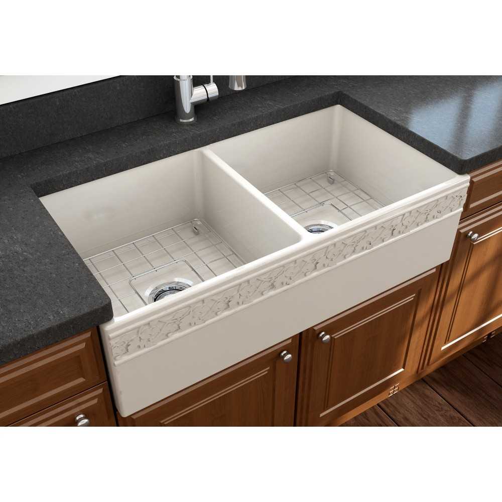 Vigneto Apron Front Fireclay 36 in. Double Bowl Kitchen Sink with Protective Bottom Grids and Strainers in Biscuit