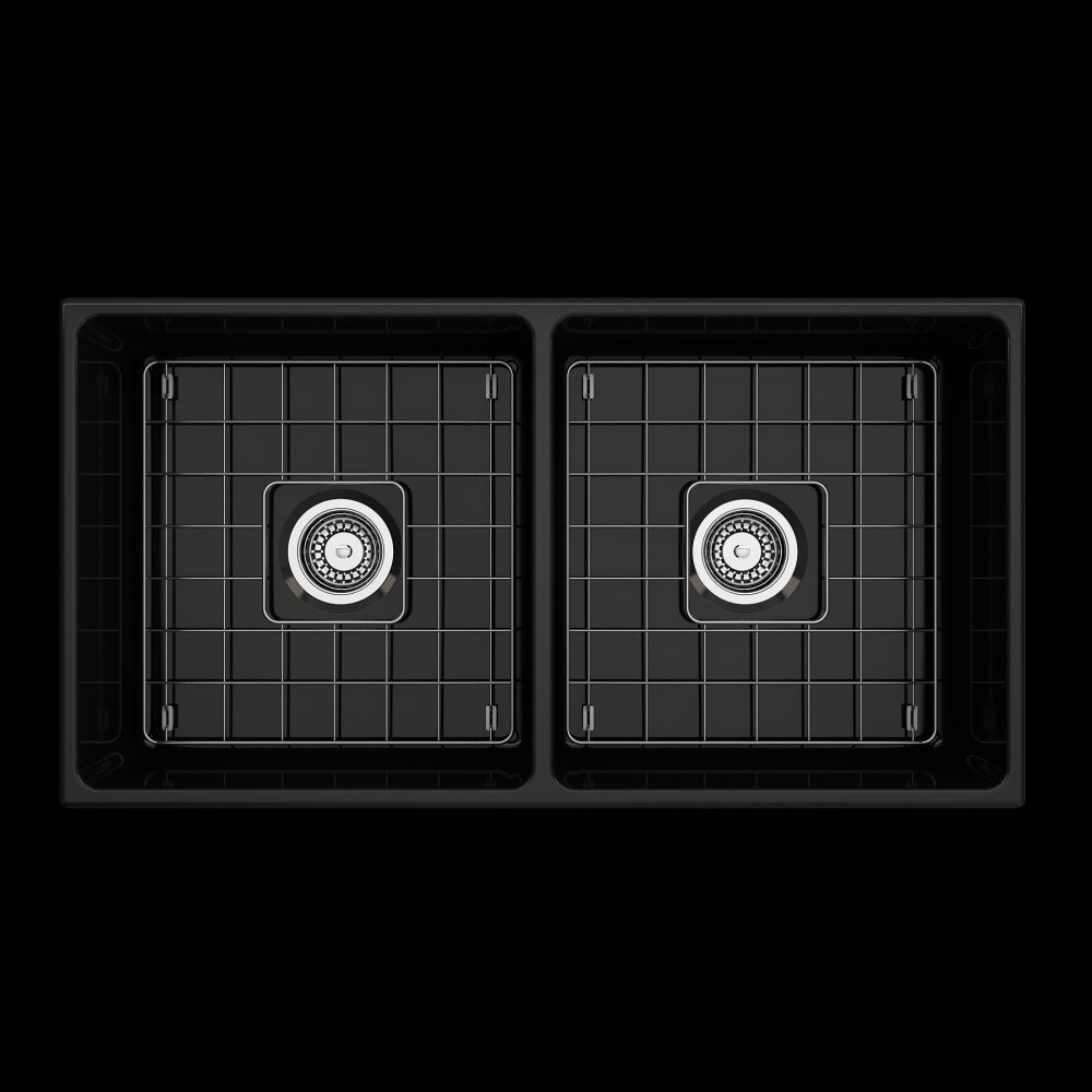Vigneto Apron Front Fireclay 36 in. Double Bowl Kitchen Sink with Protective Bottom Grids and Strainers in Black