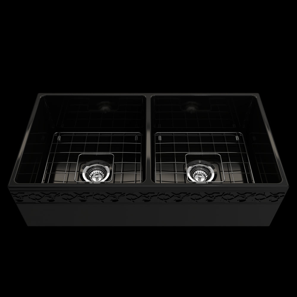 Vigneto Apron Front Fireclay 36 in. Double Bowl Kitchen Sink with Protective Bottom Grids and Strainers in Black