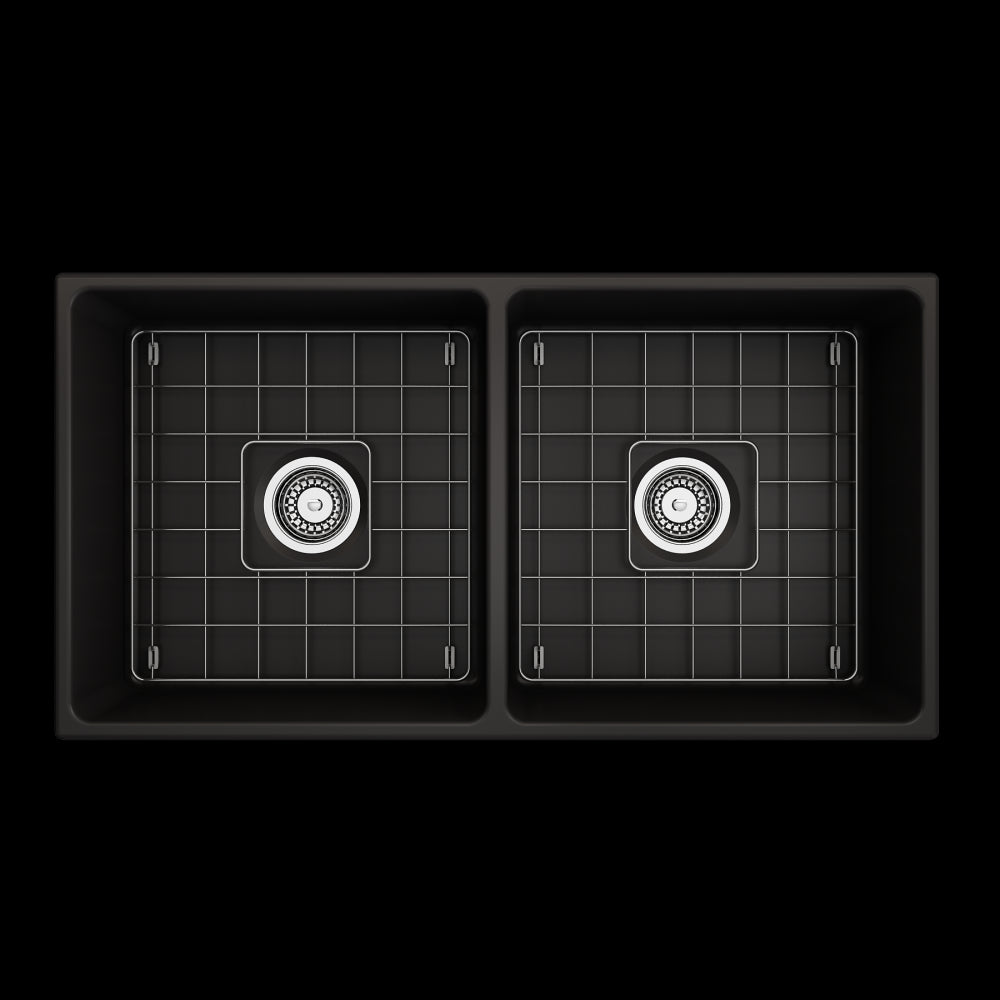 Vigneto Apron Front Fireclay 36 in. Double Bowl Kitchen Sink with Protective Bottom Grids and Strainers in Matte Black