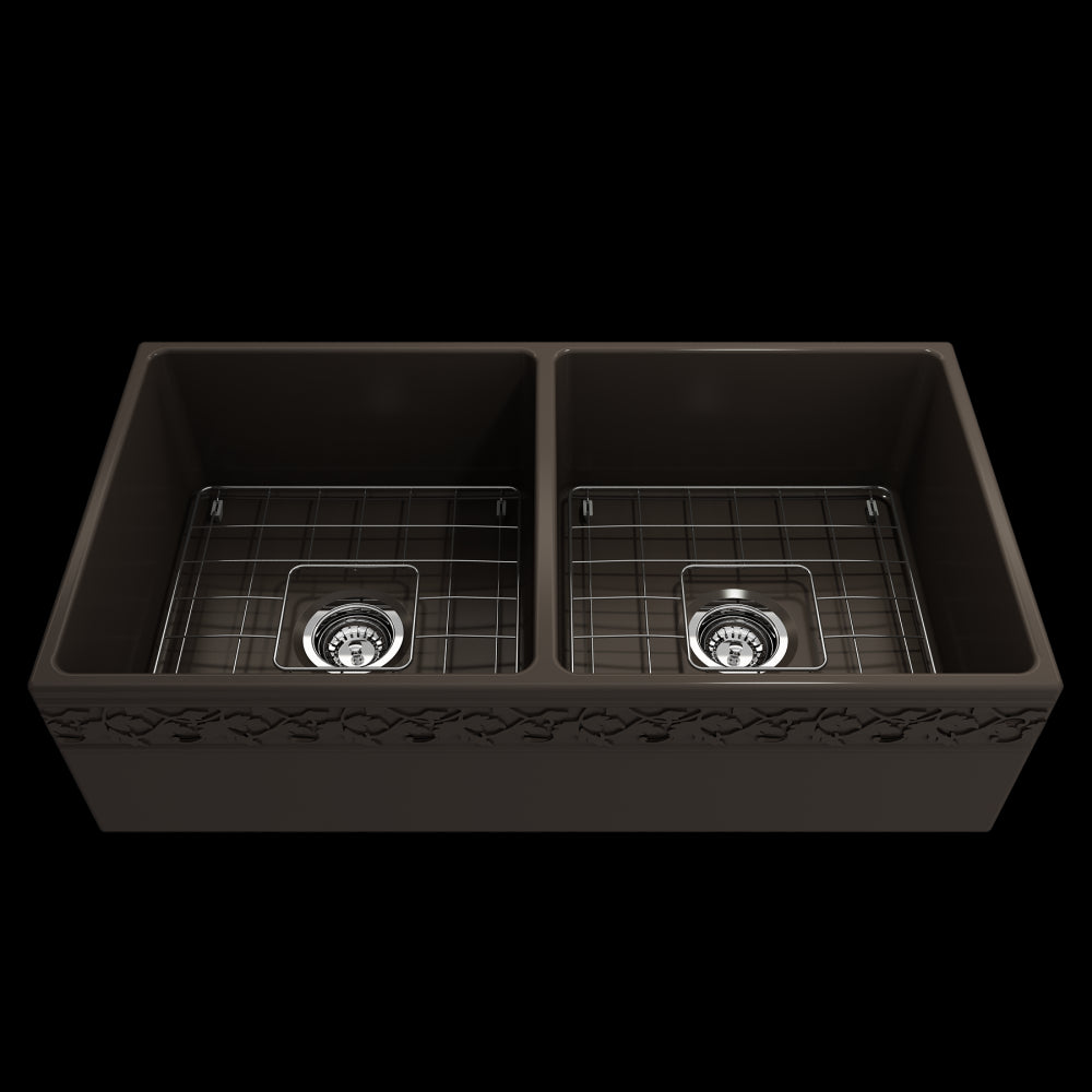 Vigneto Apron Front Fireclay 36 in. Double Bowl Kitchen Sink with Protective Bottom Grids and Strainers in Matte Brown
