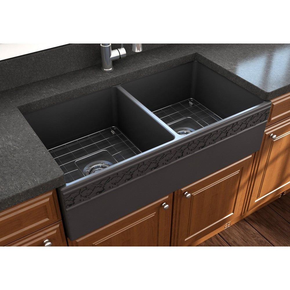 Vigneto Apron Front Fireclay 36 in. Double Bowl Kitchen Sink with Protective Bottom Grids and Strainers in Matte Dark Gray