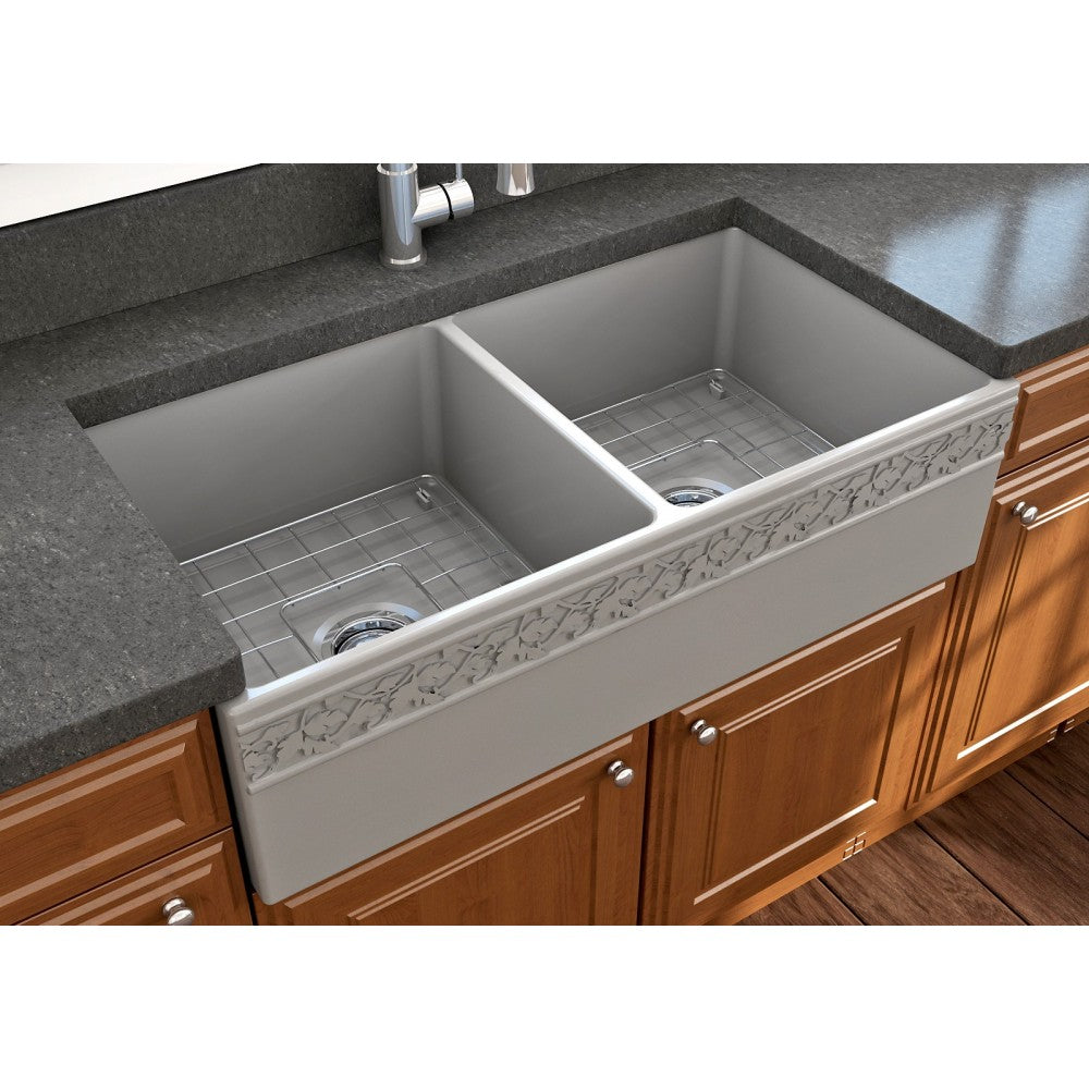 Vigneto Apron Front Fireclay 36 in. Double Bowl Kitchen Sink with Protective Bottom Grids and Strainers in Matte Gray