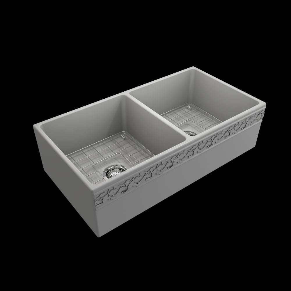 Vigneto Apron Front Fireclay 36 in. Double Bowl Kitchen Sink with Protective Bottom Grids and Strainers in Matte Gray