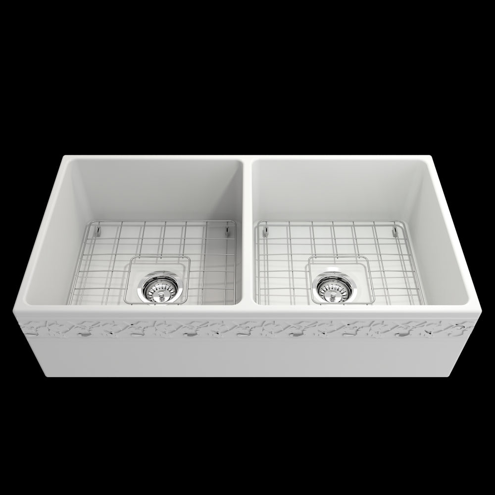 Vigneto Apron Front Fireclay 36 in. Double Bowl Kitchen Sink with Protective Bottom Grids and Strainers in Matte White