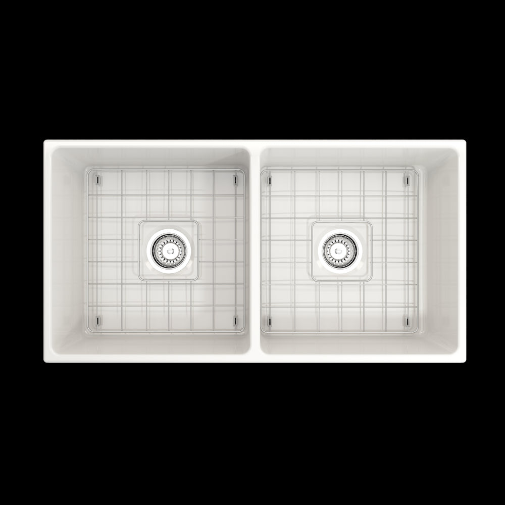 Vigneto Apron Front Fireclay 36 in. Double Bowl Kitchen Sink with Protective Bottom Grids and Strainers in White