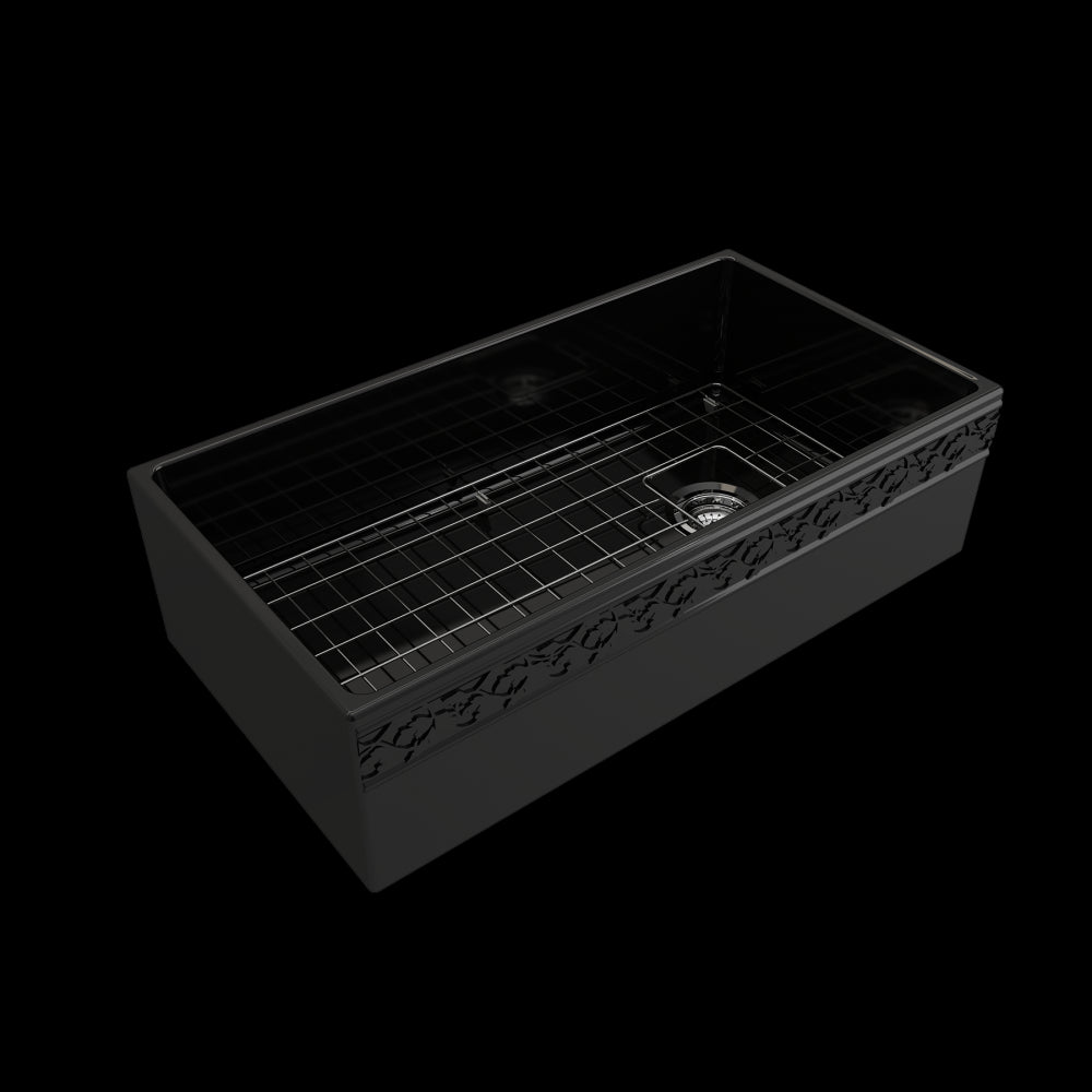 Vigneto Apron Front Fireclay 36 in. Single Bowl Kitchen Sink with Protective Bottom Grid and Strainer in Black