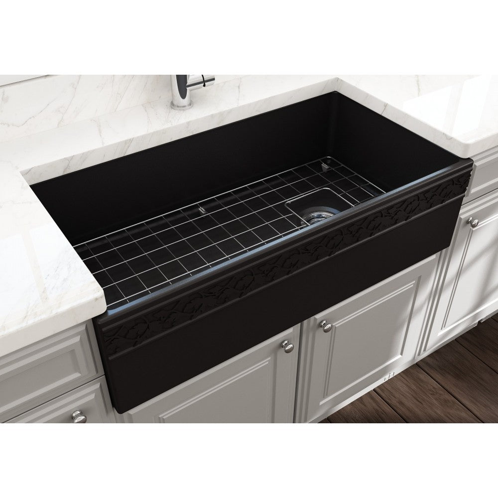 Vigneto Apron Front Fireclay 36 in. Single Bowl Kitchen Sink with Protective Bottom Grid and Strainer in Matte Black