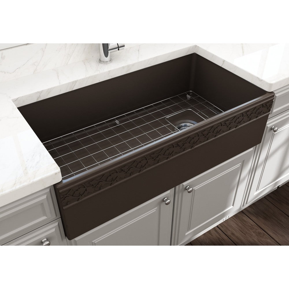 Vigneto Apron Front Fireclay 36 in. Single Bowl Kitchen Sink with Protective Bottom Grid and Strainer in Matte Brown