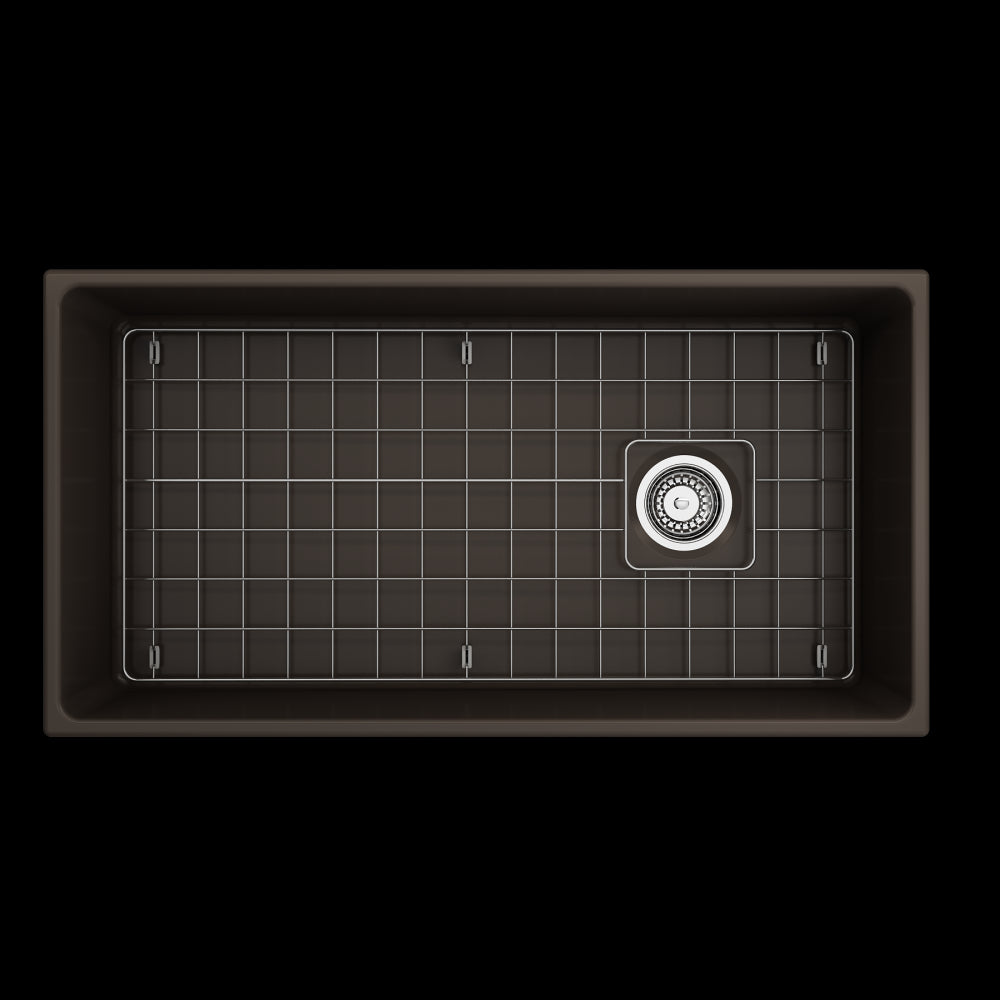Vigneto Apron Front Fireclay 36 in. Single Bowl Kitchen Sink with Protective Bottom Grid and Strainer in Matte Brown