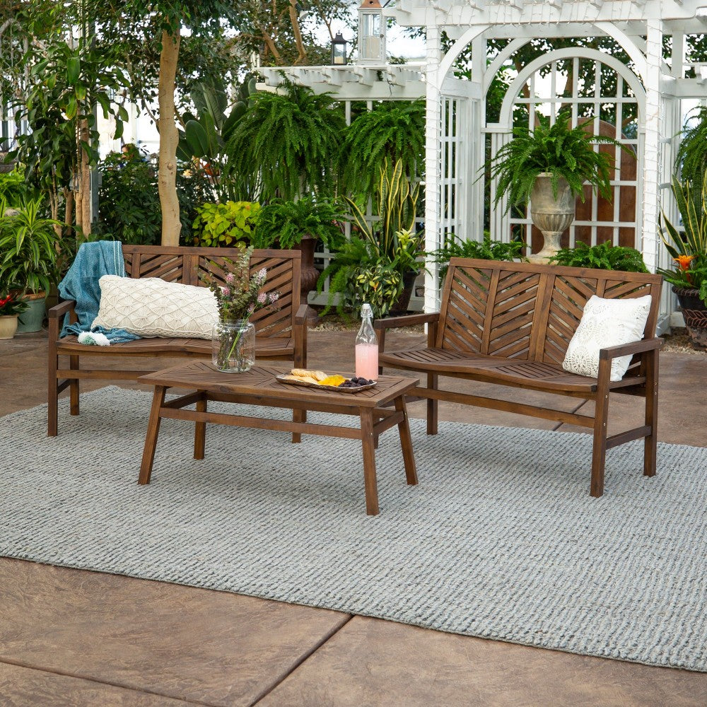 Vincent 3-Piece Chevron Outdoor Patio Loveseat Chat Set - Dark Brown