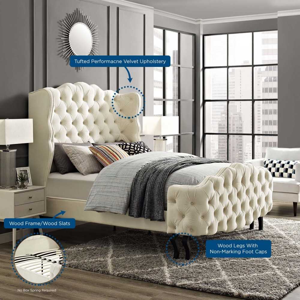 Violette Queen Tufted Wingback Performance Velvet Platform Bed, Gray, MOD-5804-IVO