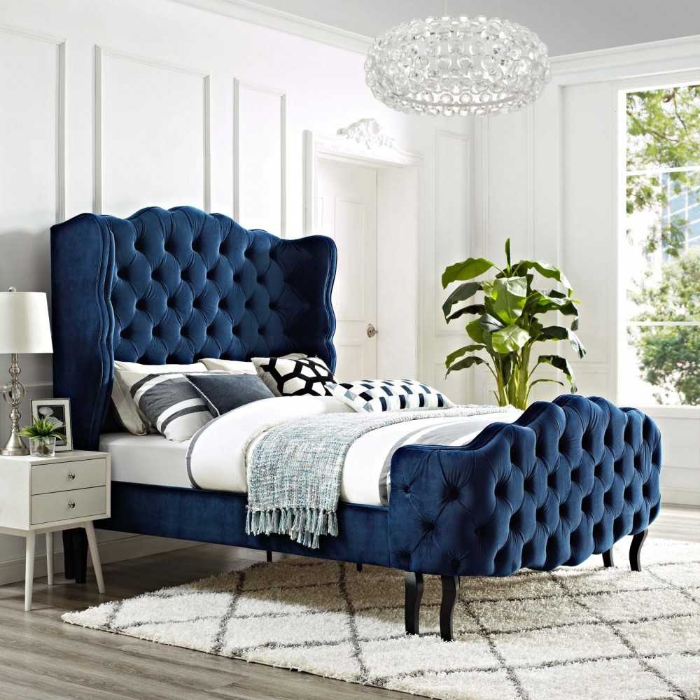 Violette Queen Tufted Wingback Performance Velvet Platform Bed, Gray, MOD-5804-NAV