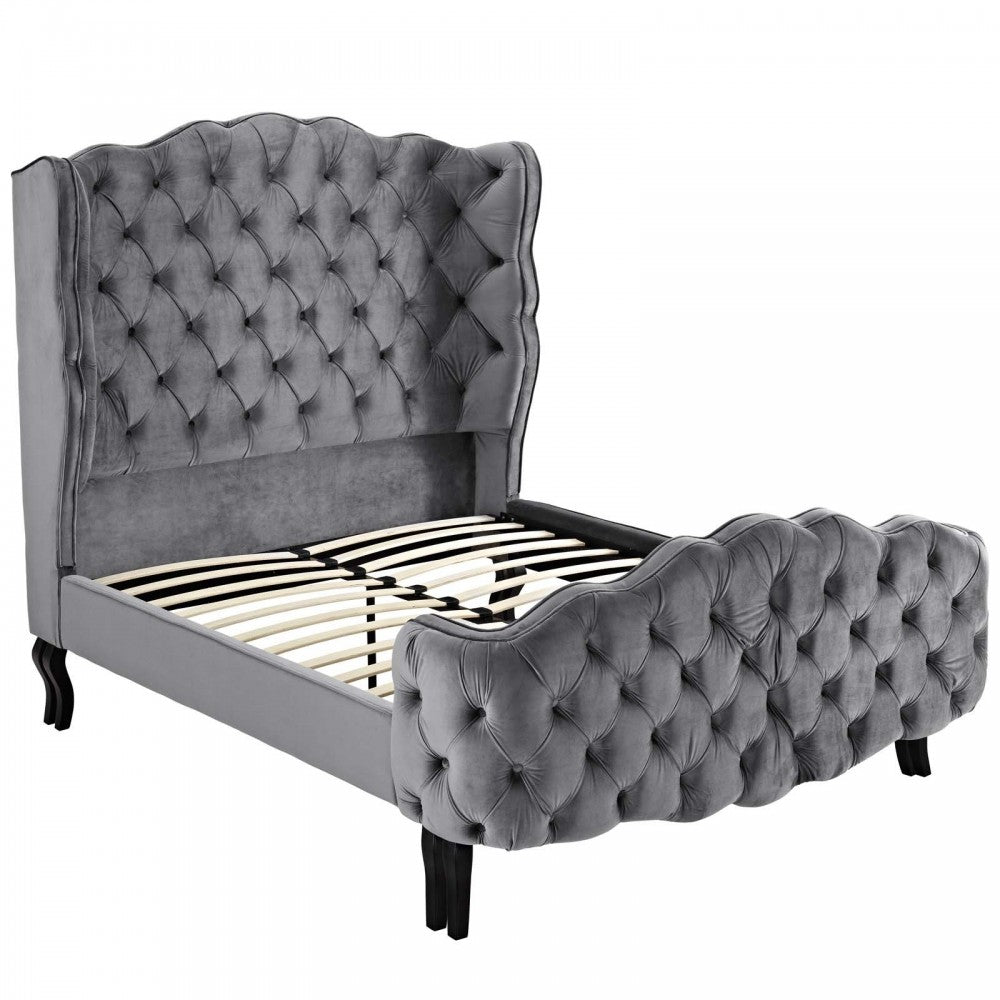 Violette Queen Tufted Wingback Performance Velvet Platform Bed, Gray, MOD-5804-GRY