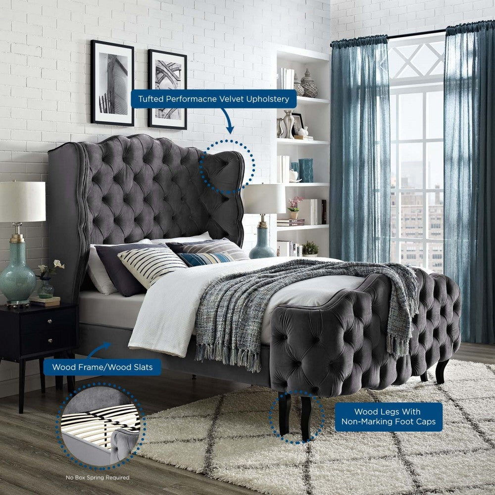 Violette Queen Tufted Wingback Performance Velvet Platform Bed, Gray, MOD-5804-GRY