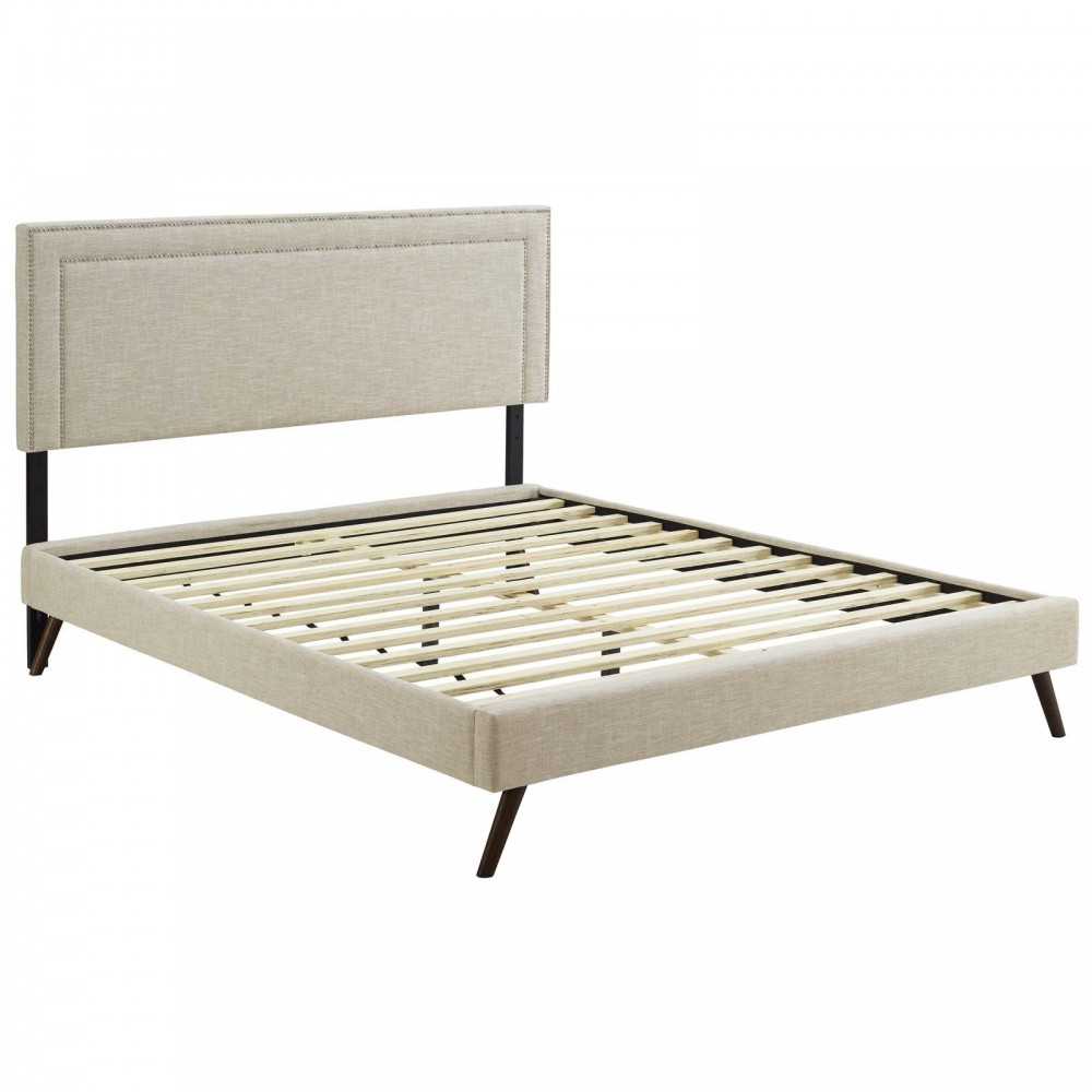 Virginia King Fabric Platform Bed with Round Splayed Legs, Beige