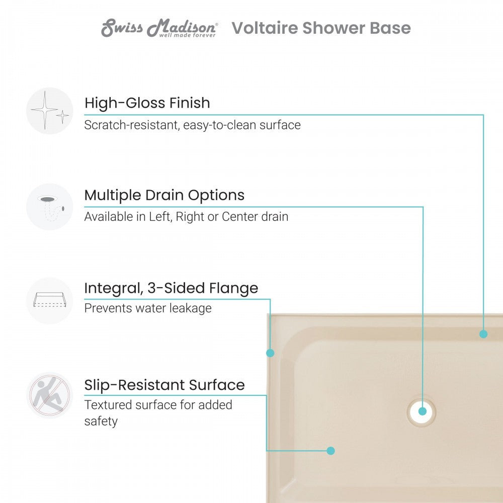 Voltaire 48 x 32 Single-Threshold, Center Drain, Shower Base in Biscuit
