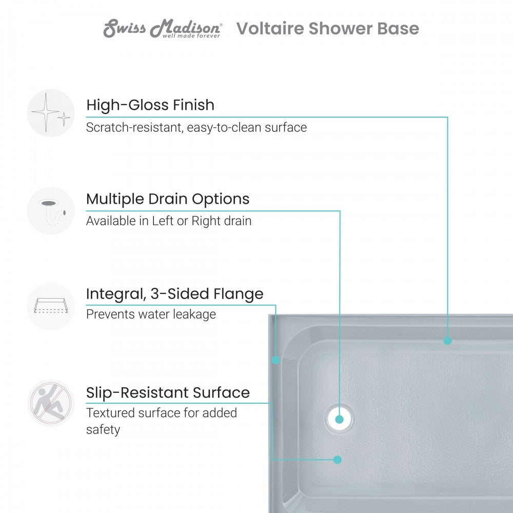 Voltaire 60 x 36 Single-Threshold, Left-Hand Drain, Shower Base in Grey