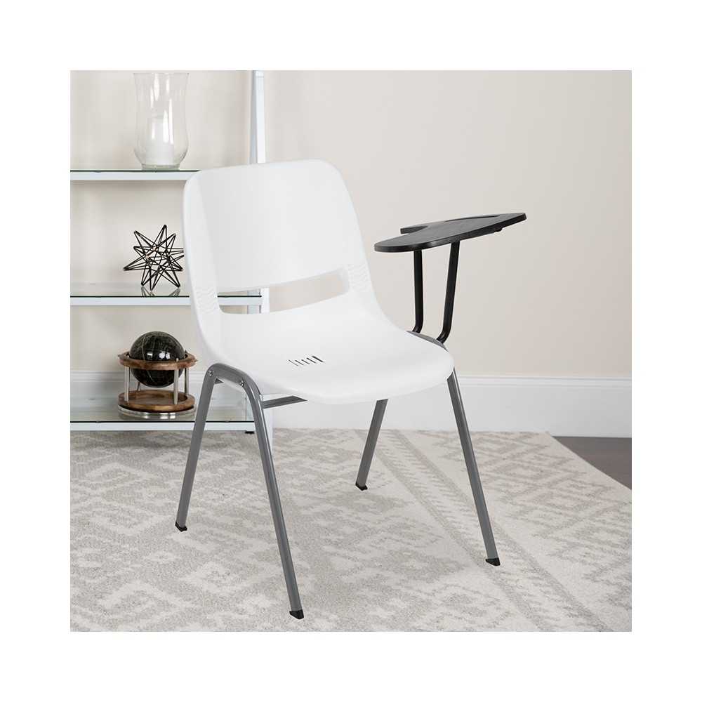 White Ergonomic Shell Chair with Left Handed Flip-Up Tablet Arm