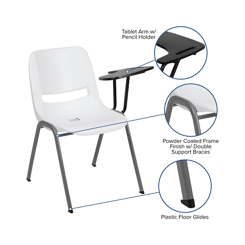 White Ergonomic Shell Chair with Left Handed Flip-Up Tablet Arm