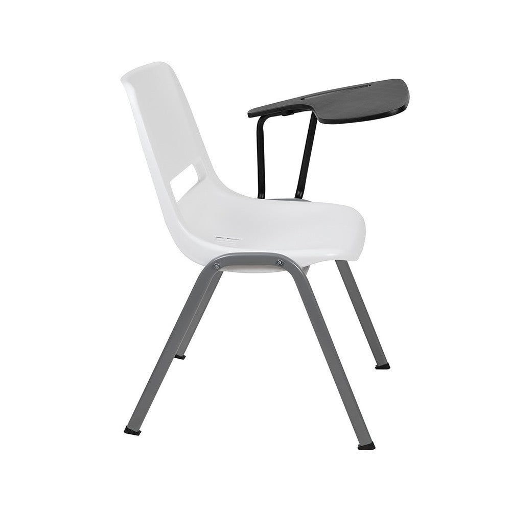 White Ergonomic Shell Chair with Left Handed Flip-Up Tablet Arm