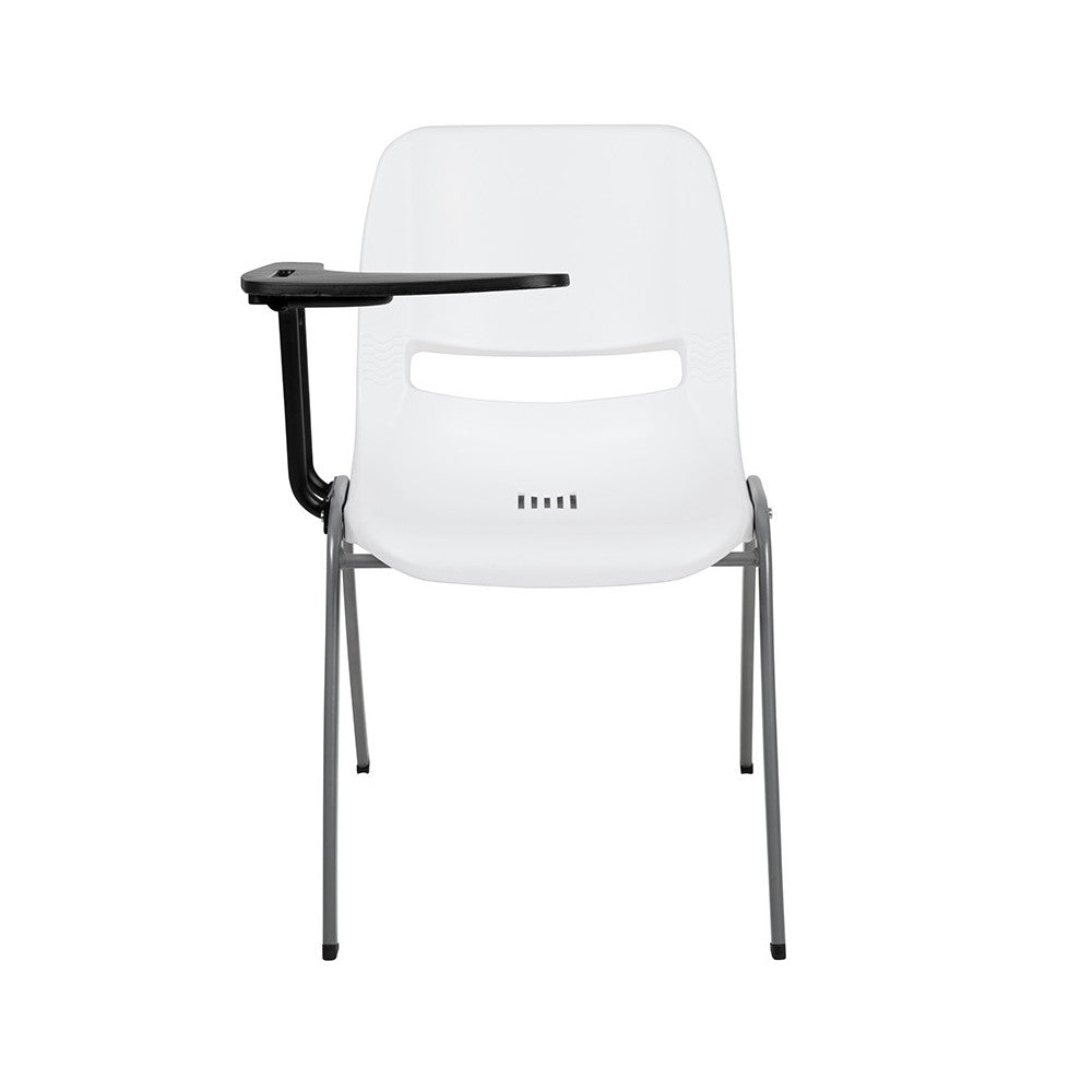 White Ergonomic Shell Chair with Right Handed Flip-Up Tablet Arm