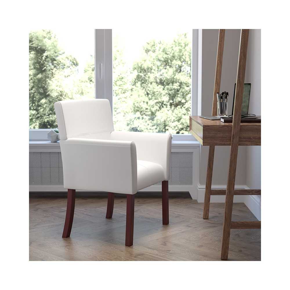 White LeatherSoft Executive Side Reception Chair with Mahogany Legs