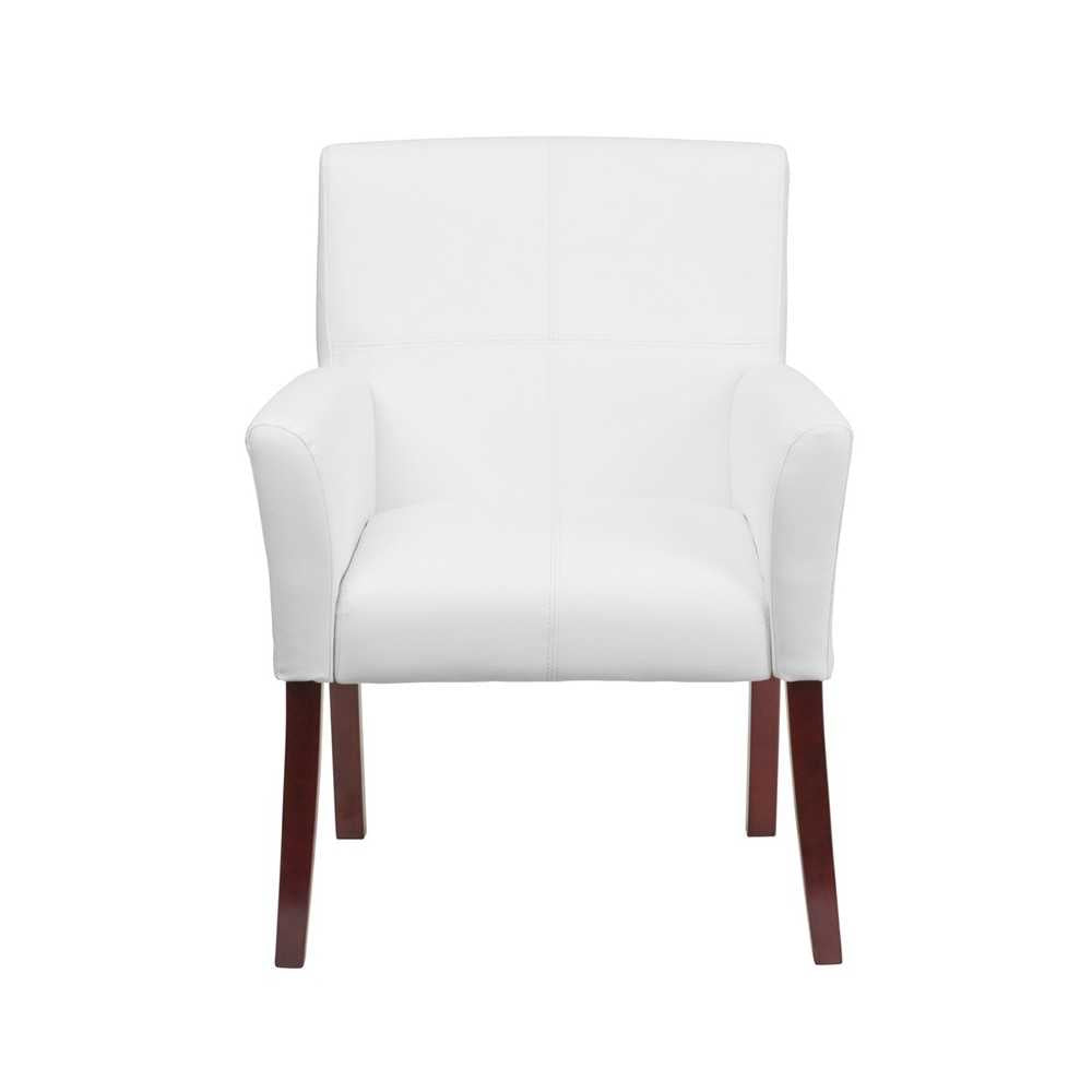 White LeatherSoft Executive Side Reception Chair with Mahogany Legs