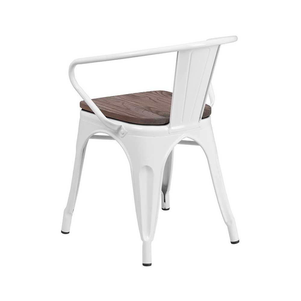 White Metal Chair with Wood Seat and Arms